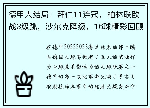 德甲大结局：拜仁11连冠，柏林联欧战3级跳，沙尔克降级，16球精彩回顾