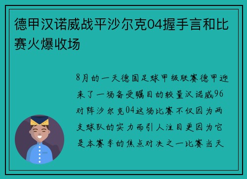 德甲汉诺威战平沙尔克04握手言和比赛火爆收场