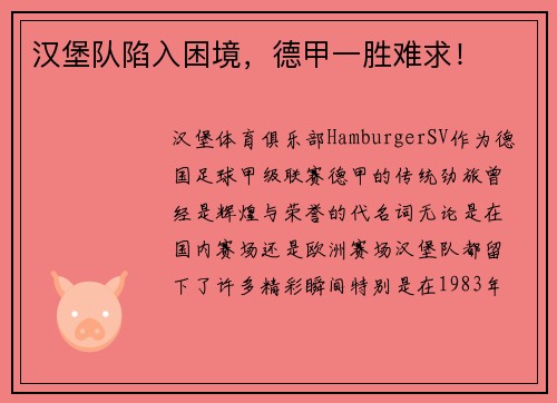 汉堡队陷入困境，德甲一胜难求！