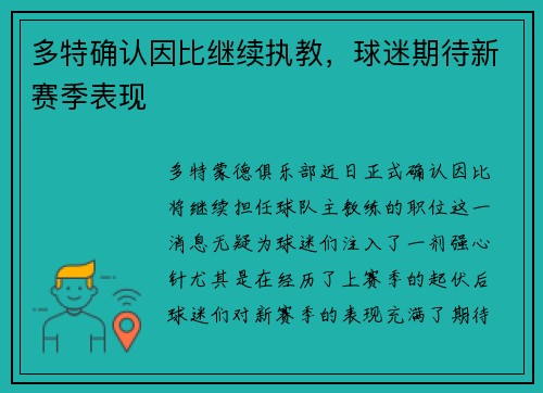 多特确认因比继续执教，球迷期待新赛季表现