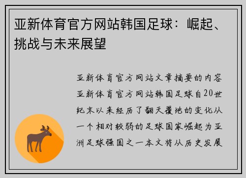 亚新体育官方网站韩国足球：崛起、挑战与未来展望
