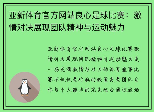 亚新体育官方网站良心足球比赛：激情对决展现团队精神与运动魅力